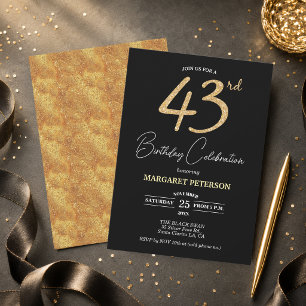Invitación Elegante Fiesta de Cumpleaños 43 con Brillo de Oro