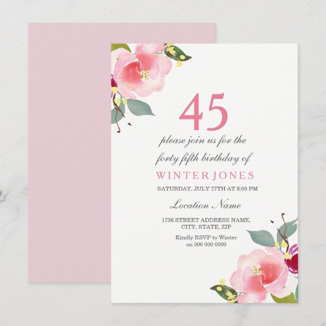 Invitación Elegante fiesta de cumpleaños 45ª floral rosa (Anverso / Reverso)