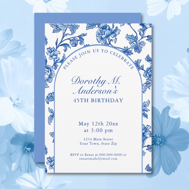Invitación Elegante fiesta de cumpleaños 45 azul y blanco (Subido por el creador)