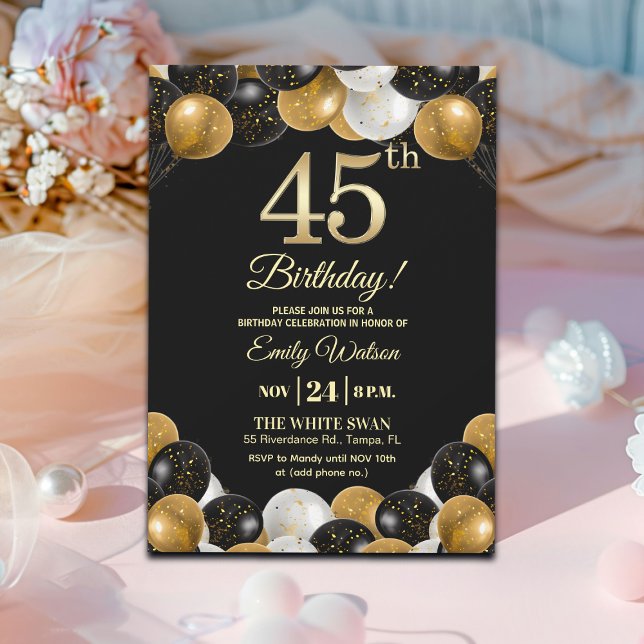 Invitación Elegante fiesta de cumpleaños 45 con brillo de oro (Subido por el creador)