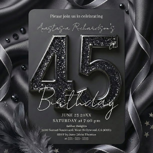 Invitación Elegante Fiesta de Cumpleaños 45 con Brillo Negro