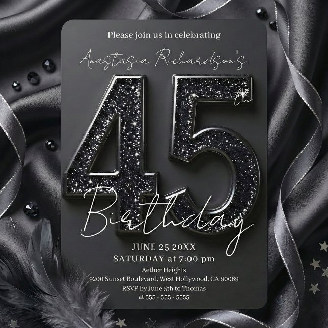 Invitación Elegante Fiesta de Cumpleaños 45 con Brillo Negro  (Subido por el creador)