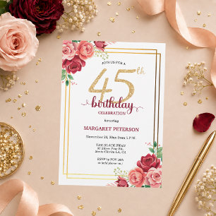 Invitación Elegante Fiesta de Cumpleaños 45 Floral Rubor Dora