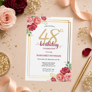 Invitación Elegante Fiesta de Cumpleaños 48 Floral Dorado