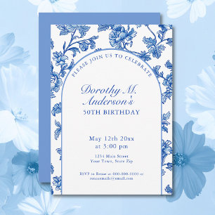 Invitación Elegante fiesta de cumpleaños 50 azul y blanco