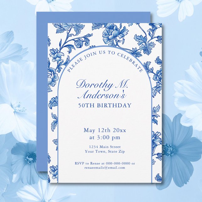 Invitación Elegante fiesta de cumpleaños 50 azul y blanco (Subido por el creador)