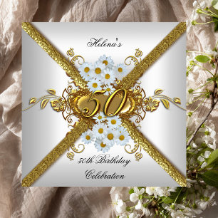 Invitación Elegante Fiesta de Cumpleaños 50 Blanco Daisy Dora