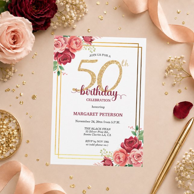 Invitación Elegante Fiesta de Cumpleaños 50 Blush Floral Dora (Subido por el creador)