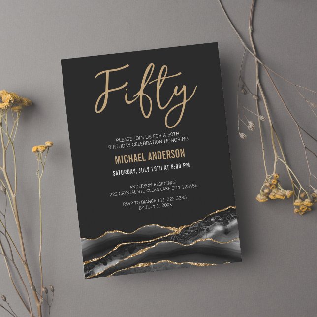 Invitación Elegante Fiesta de Cumpleaños 50 de Agata Oro Negr (Subido por el creador)