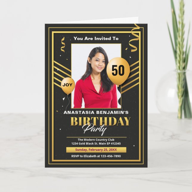 Invitación Elegante fiesta de cumpleaños 50 de Black Gold Pho (Anverso)