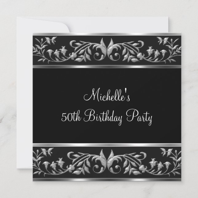 Invitación Elegante fiesta de cumpleaños 50 de floral negra y (Anverso)