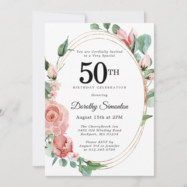 Invitación Elegante fiesta de cumpleaños 50 de Floral Rosa (Anverso)