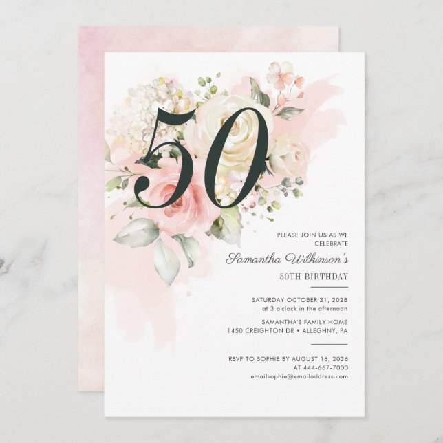 Invitación Elegante fiesta de cumpleaños 50 de Floral Rosa (Anverso / Reverso)