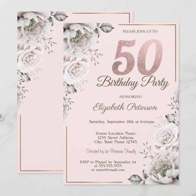 Invitación Elegante fiesta de cumpleaños 50 de Floral Rosa (Anverso / Reverso)