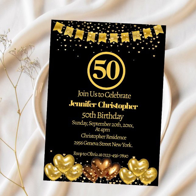 Invitación Elegante fiesta de cumpleaños 50 de negro y oro (Subido por el creador)
