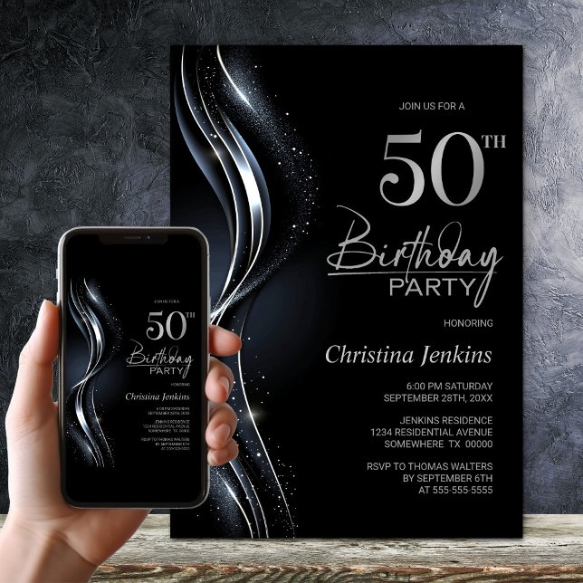 Invitación Elegante fiesta de cumpleaños 50 de negro y plata (Subido por el creador)