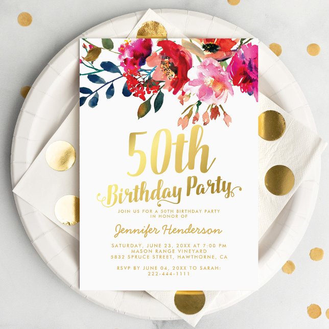 Invitación Elegante fiesta de cumpleaños 50 de oro blanco flo (Subido por el creador)