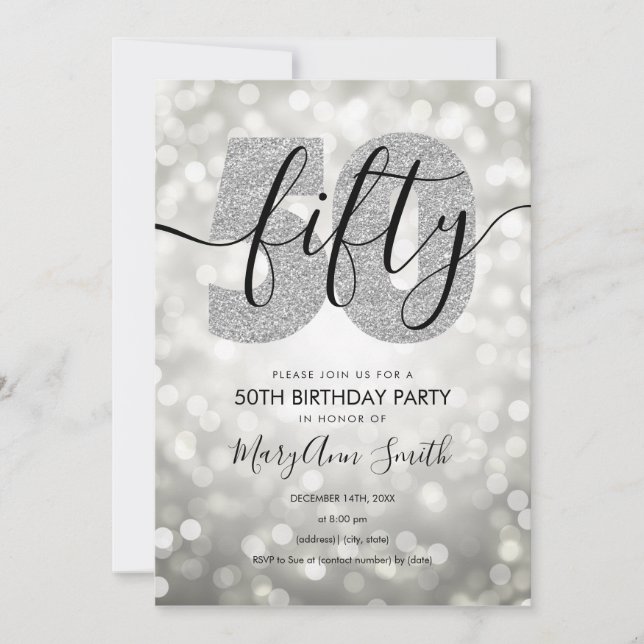 Invitación Elegante fiesta de cumpleaños 50 de Plata Moderna (Anverso)