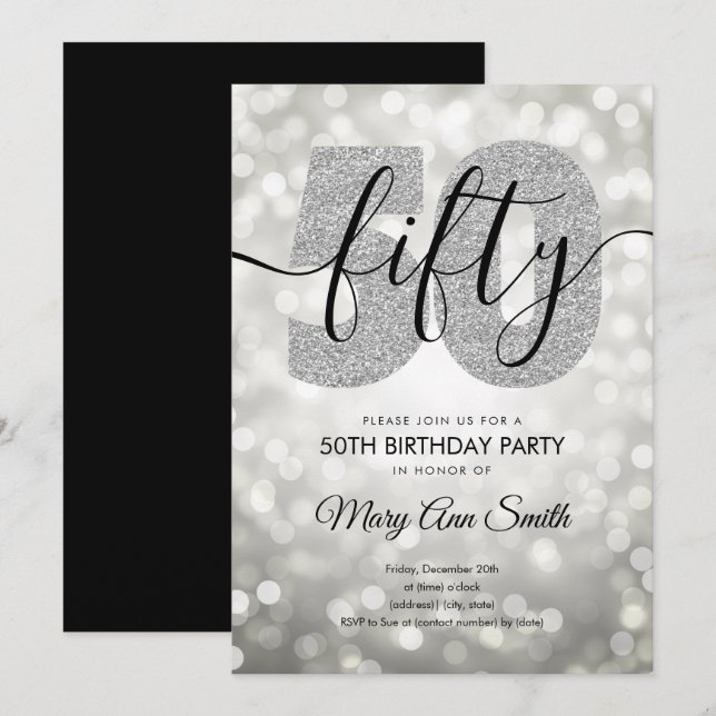 Invitación Elegante fiesta de cumpleaños 50 de plata moderna (Anverso / Reverso)