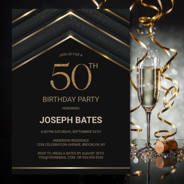 Invitación Elegante fiesta de cumpleaños 50 del oro negro (Subido por el creador)