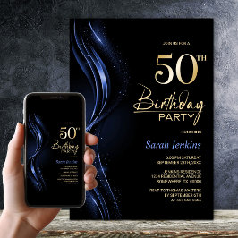 Invitación Elegante fiesta de cumpleaños 50 en negro y azul