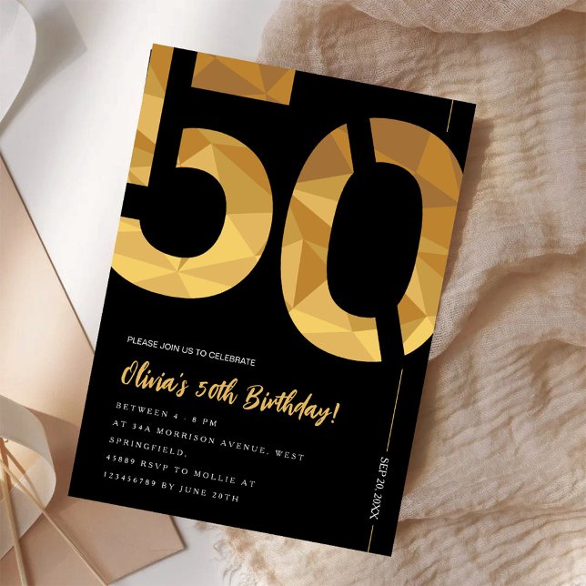 Invitación Elegante fiesta de cumpleaños 50 en negro y oro (Subido por el creador)