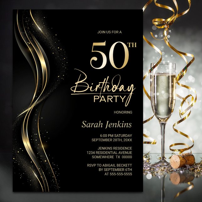 Invitación Elegante fiesta de cumpleaños 50 en negro y oro (Subido por el creador)