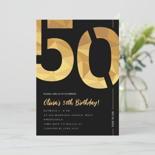 Invitación Elegante fiesta de cumpleaños 50 en negro y oro (Anverso de pie)