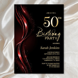 Invitación Elegante fiesta de cumpleaños 50 en negro y rojo