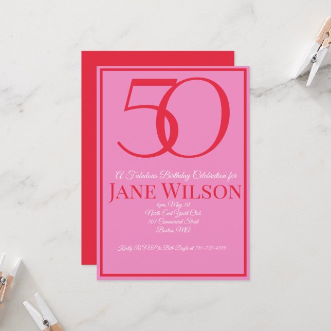 Invitación Elegante Fiesta de Cumpleaños 50 en Rosa y Rojo (Anverso/Reverso In Situ)