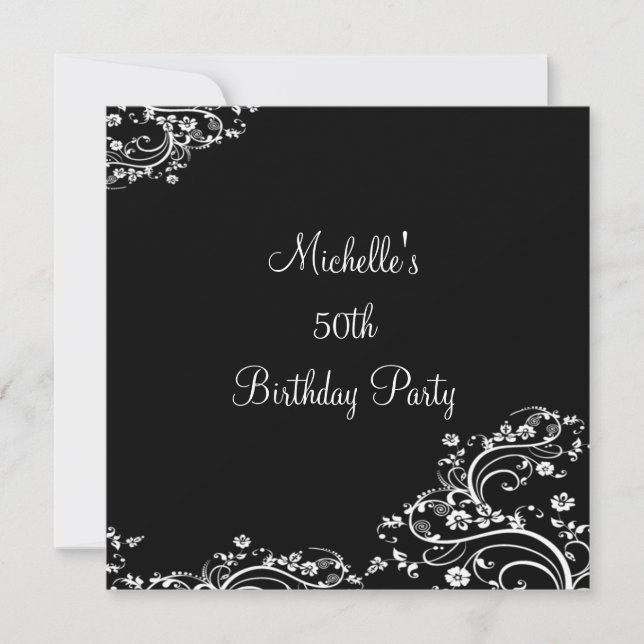 Invitación Elegante fiesta de cumpleaños 50 floral blanca y n (Anverso)