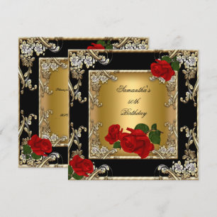 Invitación Elegante fiesta de cumpleaños 50 Gold Red Rose Bla