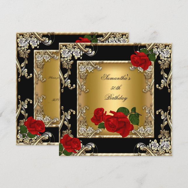 Invitación Elegante fiesta de cumpleaños 50 Gold Red Rose Bla (Anverso / Reverso)