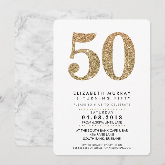 Invitación ELEGANTE fiesta de cumpleaños 50 INVITAR purpurina (Anverso / Reverso)