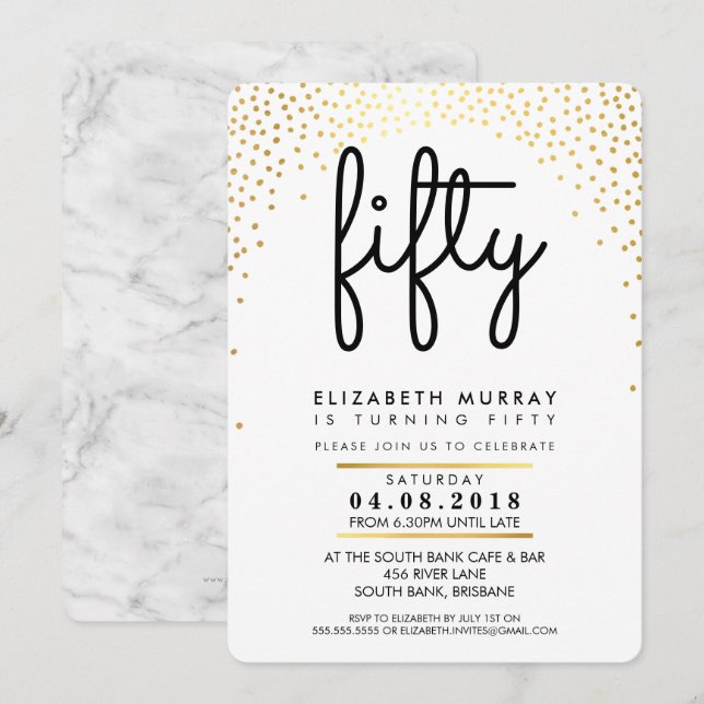 Invitación ELEGANTE fiesta de cumpleaños 50 INVITE gold confe (Anverso / Reverso)