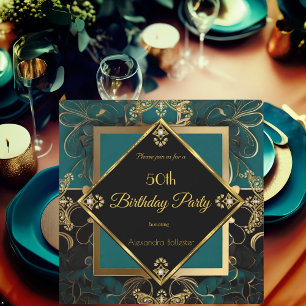 Invitación Elegante fiesta de cumpleaños 50 Jade Oro Negro 
