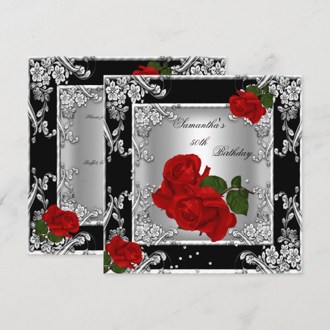 Invitación Elegante fiesta de cumpleaños 50 Rojo Rosa Plata (Anverso / Reverso)