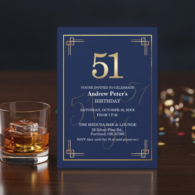 Invitación Elegante Fiesta de Cumpleaños 51 Blue Gold (Subido por el creador)