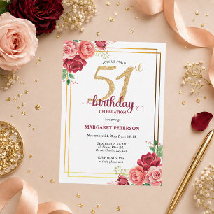 Invitación Elegante Fiesta de Cumpleaños 51 con Rubor Floral 