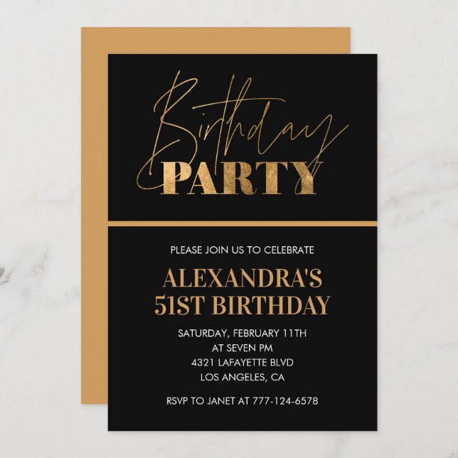 Invitación Elegante fiesta de cumpleaños 51 de Black and Gold (Anverso / Reverso)