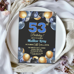 Invitación Elegante Fiesta de Cumpleaños 53 Azul Plateado Dor