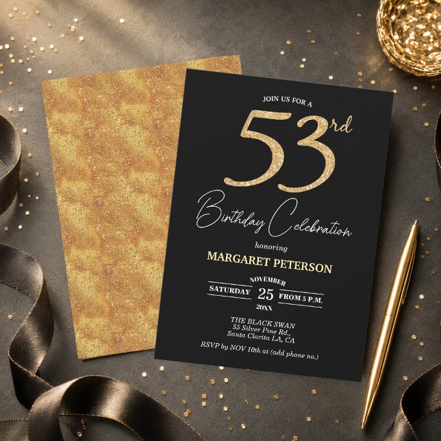 Invitación Elegante Fiesta de Cumpleaños 53 con Brillo de Oro (Subido por el creador)