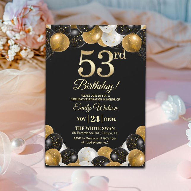 Invitación Elegante Fiesta de Cumpleaños 53 con Brillo de Oro (Subido por el creador)