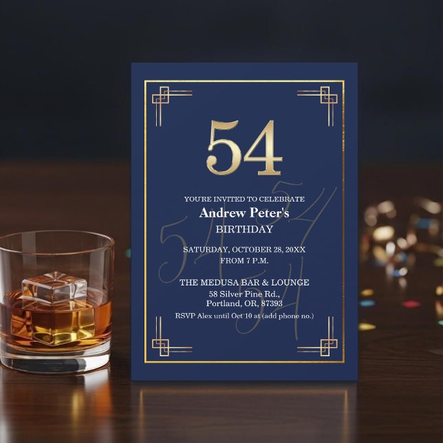 Invitación Elegante Fiesta de Cumpleaños 54 Azul Oro (Subido por el creador)