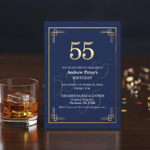 Invitación Elegante Fiesta de Cumpleaños 55 Azul Oro