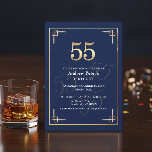 Invitación Elegante Fiesta de Cumpleaños 55 Azul Oro (Subido por el creador)