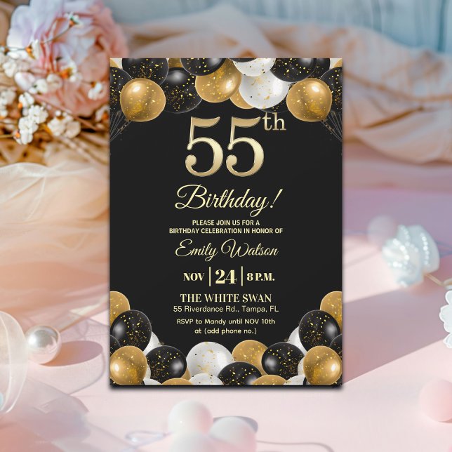 Invitación Elegante Fiesta de Cumpleaños 55 con Brillo de Oro (Subido por el creador)