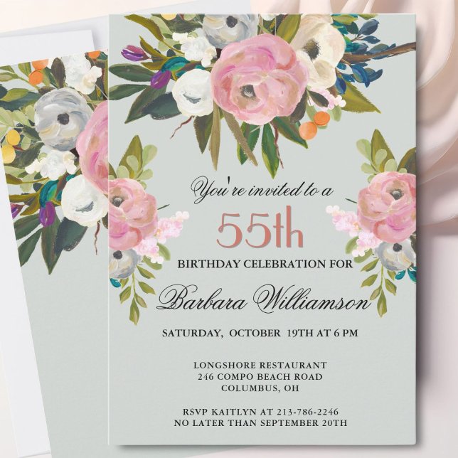 Invitación Elegante Fiesta de Cumpleaños 55 con Flores Pintad (Subido por el creador)