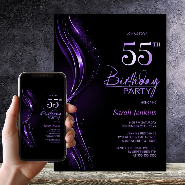 Invitación Elegante fiesta de cumpleaños 55 en negro y morado (Subido por el creador)
