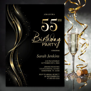 Invitación Elegante fiesta de cumpleaños 55 en negro y oro